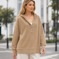 Ribwick – Ribbed Knit V-Neck Hooded Pullover with Side Slits + 50% OFF