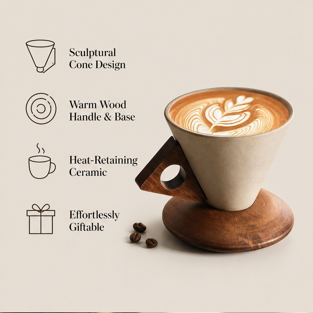 Acorra – Conical Ceramic Coffee Cup with Wood Handle &amp; Base + 50% OFF features