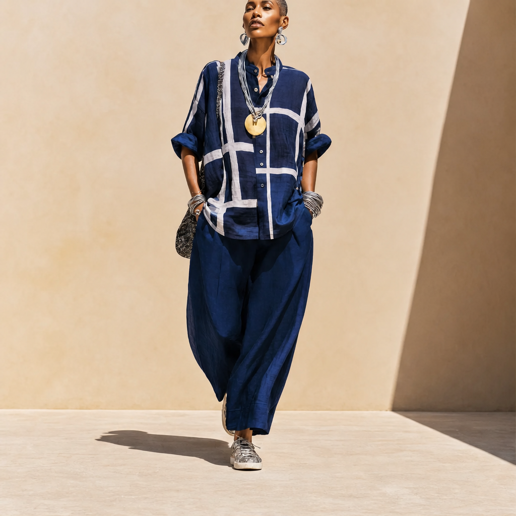 Linalour – Breathable Grid-Print Shirt &amp; Wide-Leg Pants Set + 50% OFF lifestyle