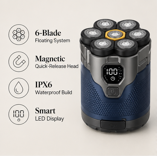 Smoothtrek – 6-Blade Floating Head, Waterproof Electric Head Shaver + 50% OFF features