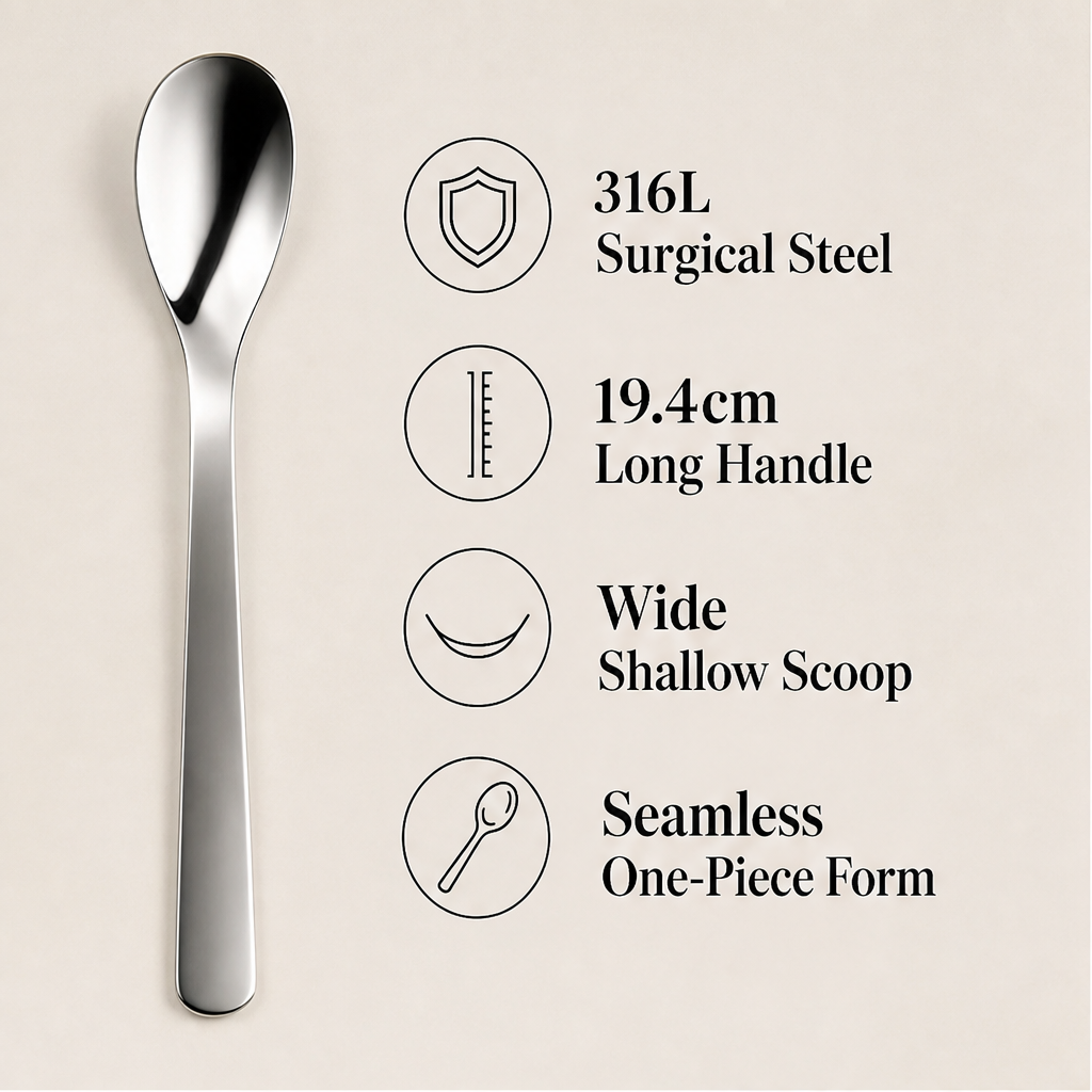 Silvane – Mirror-Polished 316L Steel Long-Handle Dessert Spoon + 50% OFF features