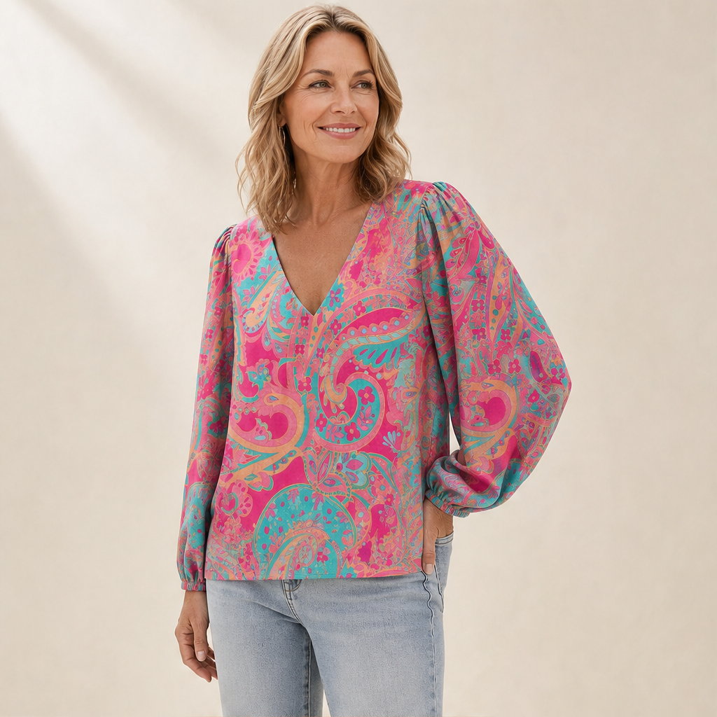 Paisleigh – V-Neck Puff Sleeve Printed Loose Top + 50% OFF lifestyle