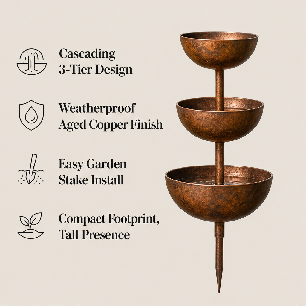 Copperbrook – Weatherproof 3-Tier Cascade Bird Bath with Ground Stake + 50% OFF features