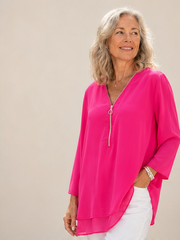 Silkaven – Double-Layer Zipper V-Neck Flowy Chiffon Top + 50% OFF