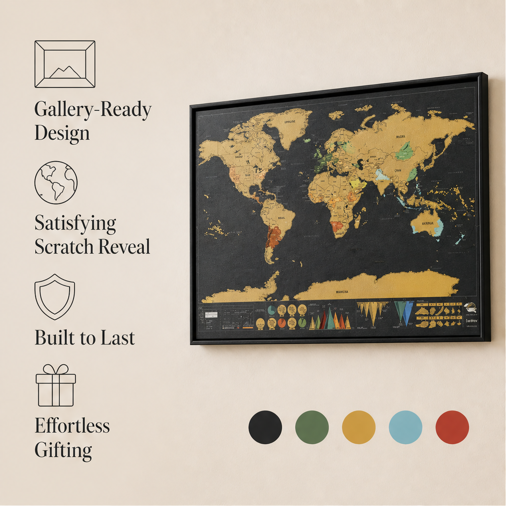 Voyagold – Scratch-Off Gold Foil World Map Travel Art + 50% OFF features