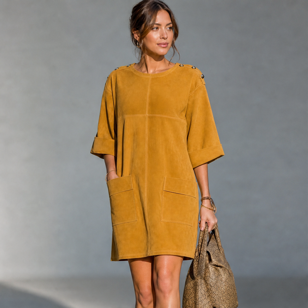 Suedona – Buttoned Shoulder Faux Suede Mini Dress with Pockets + 50% OFF lifestyle