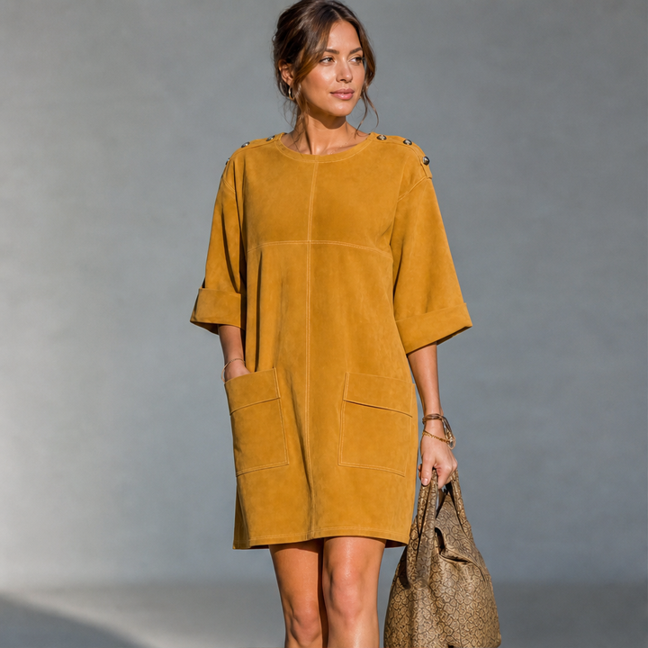 Suedona – Buttoned Shoulder Faux Suede Mini Dress with Pockets + 50% OFF lifestyle