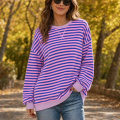Cozelle – Striped Lantern-Sleeve Oversized Pullover Sweatshirt + 50% OFF