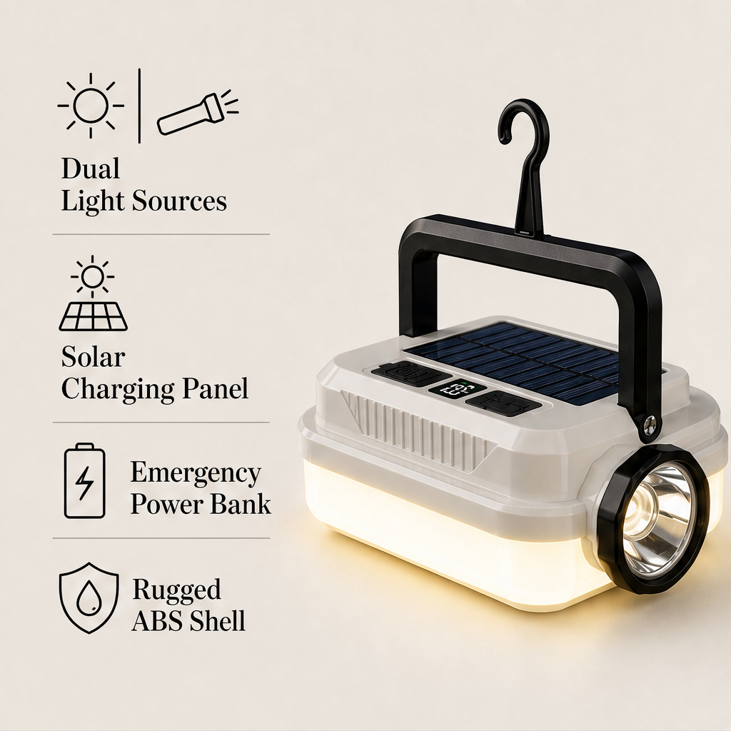 Sunwarden – Solar Rechargeable LED Camping Lantern with Power Bank + 50% OFF features