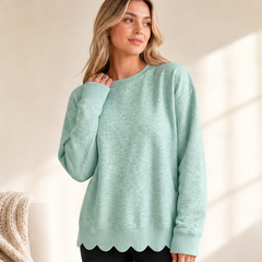 Wavella – Scalloped Hem Oversized Crew Sweatshirt + 50% OFF