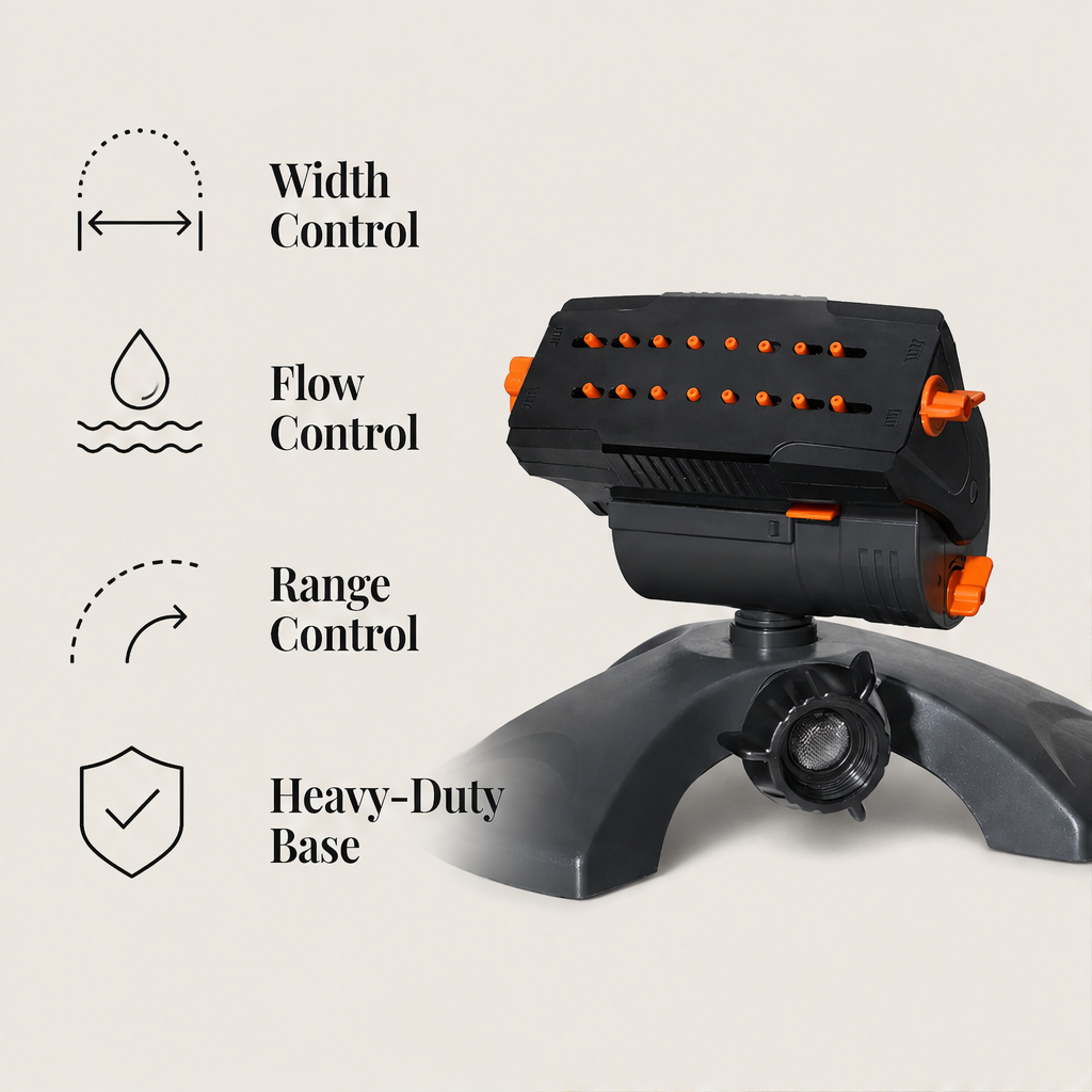 GreenArc – Adjustable 16-Nozzle Heavy Base Lawn Sprinkler + 50% OFF features