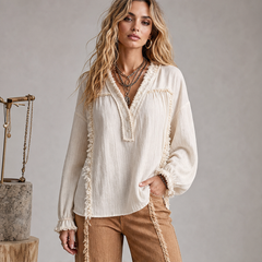 Frayvel – Raw-Frayed Trim Boho Long-Sleeve Shirt + 50% OFF