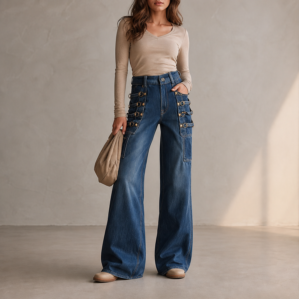 Buckridge – Gold Ring Buckle Wide-Leg High-Waist Cargo Jeans + 50% OFF lifestyle