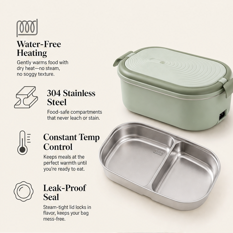 Warmholt – Water-Free Electric Heated Lunch Box with Dual Steel Trays + 50% OFF features