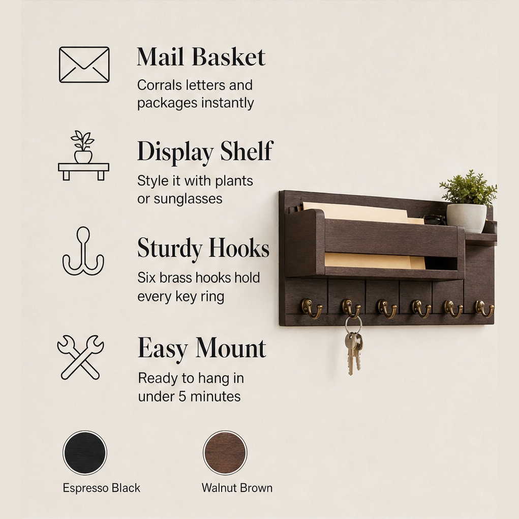 Oakhollow – Solid Wood Entryway Organizer with Key Hooks and Shelf + 50% OFF features