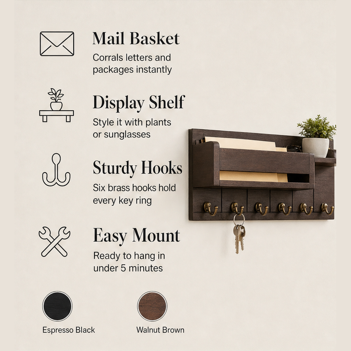 Oakhollow – Solid Wood Entryway Organizer with Key Hooks and Shelf + 50% OFF features