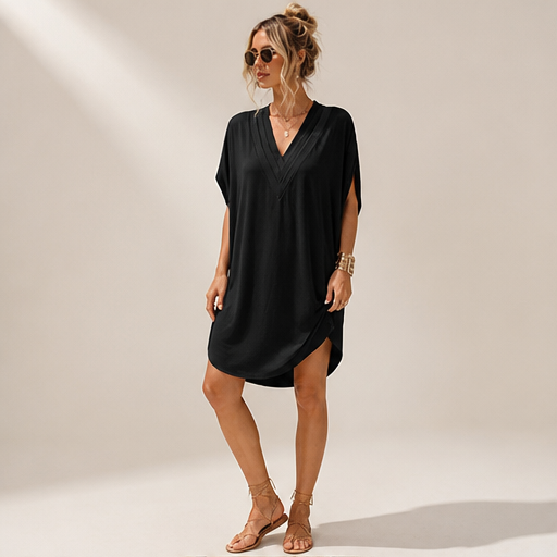 Pleatholm – Pleated V-Neck Batwing Sleeve Dress lifestyle