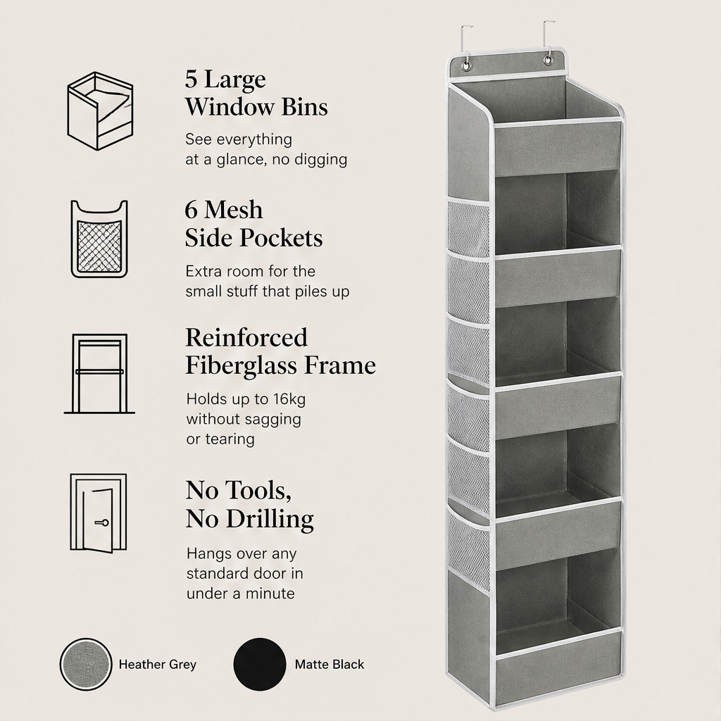 TidyTiers – 5-Tier Space-Saving Hanging Closet Organizer + 50% OFF features