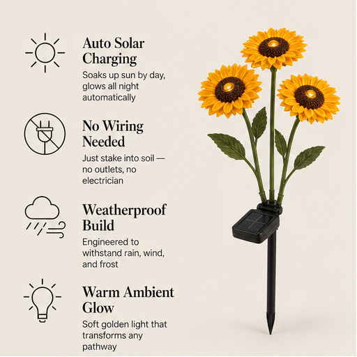 Sunwick – Glowing 3-Head Solar Sunflower Stake Lights features