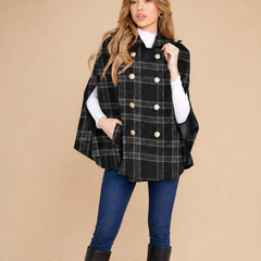 Camryn Hale – Plaid Statement-Button Cape Coat + 50% OFF