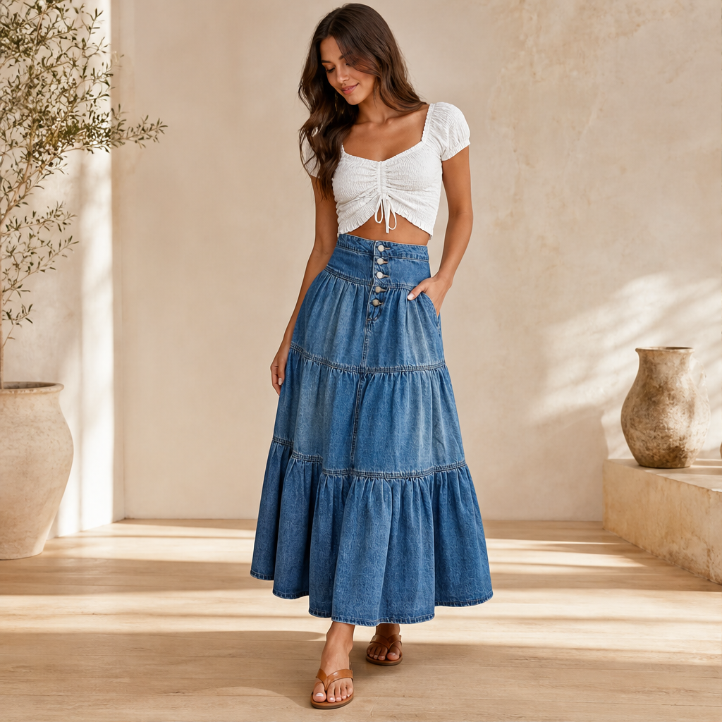Westbloom – High-Waisted Tiered A-Line Cowboy Denim Maxi Skirt + 50% OFF lifestyle
