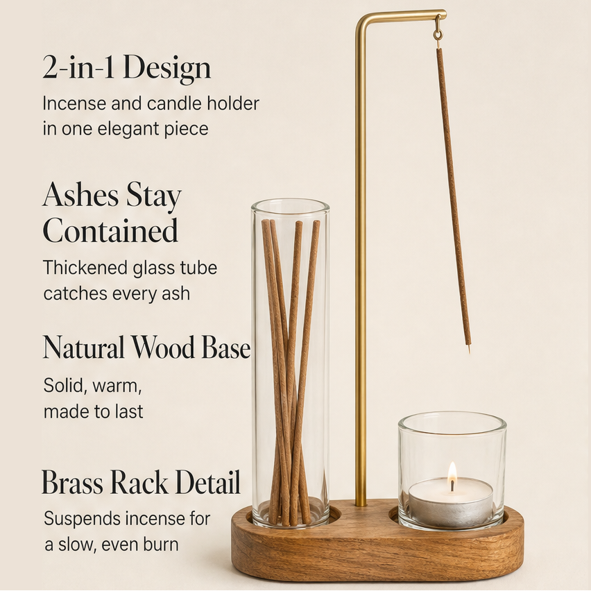 Ashendale – Wood Base 2-in-1 Incense &amp; Candle Holder + 50% OFF features