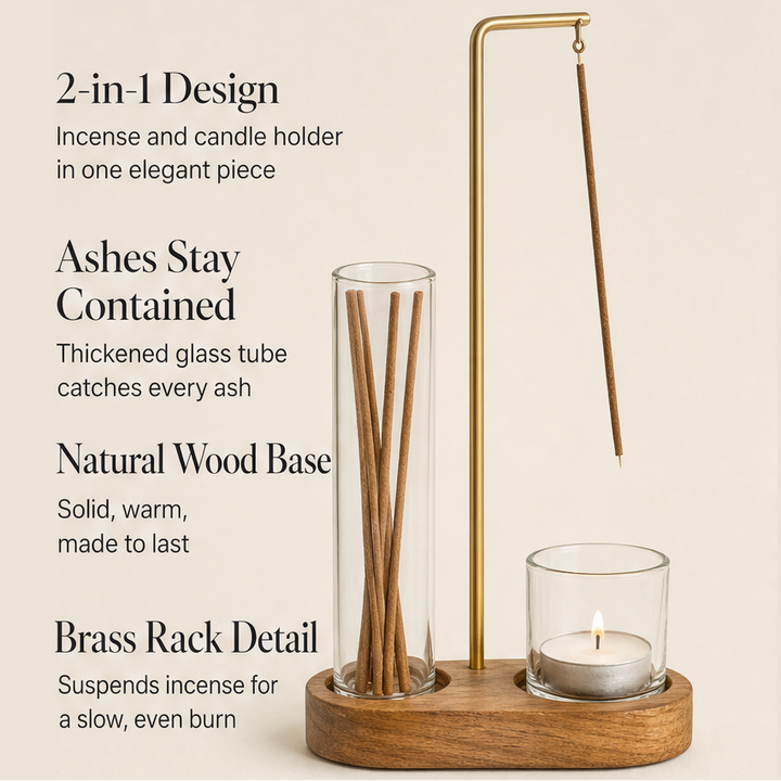 Ashendale – Wood Base 2-in-1 Incense &amp; Candle Holder + 50% OFF features
