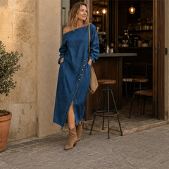 Willowdusk – Off-Shoulder Side-Slit Denim Maxi Dress + 50% OFF