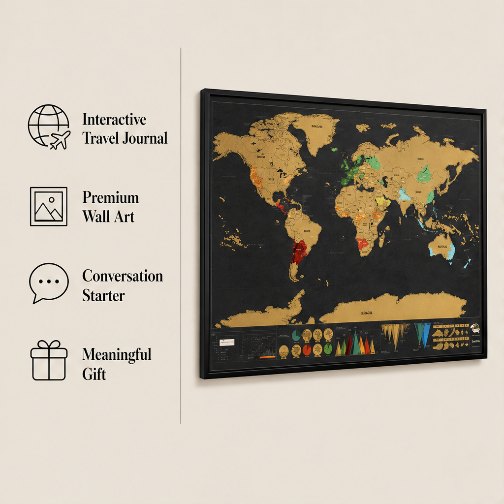 Wanderfoil – Gold Foil Scratch-Off World Map Travel Wall Art + 50% OFF features
