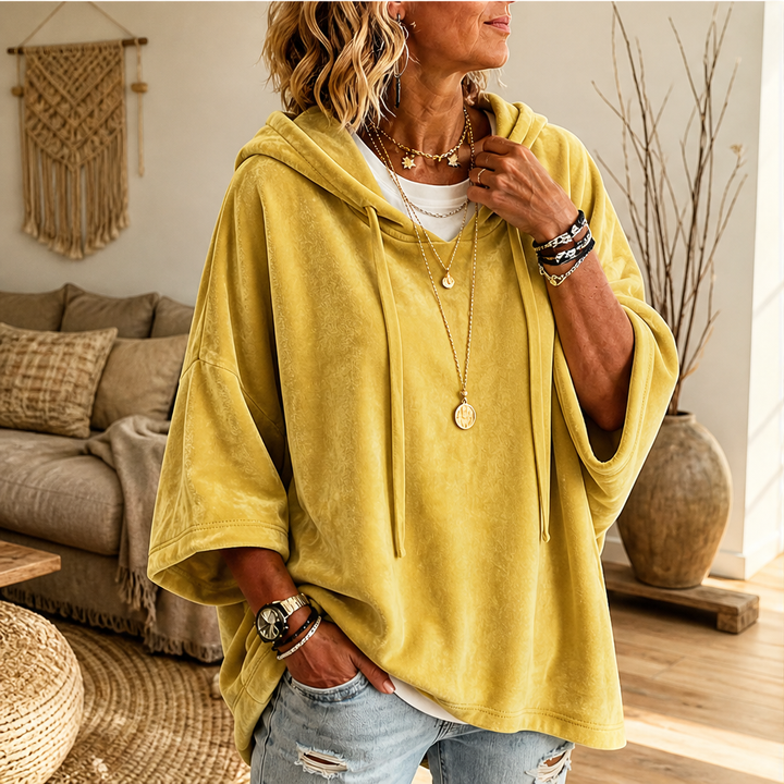 Plushwick – Oversized Velour Drawstring Hoodie with 3/4 Sleeves + 50% OFF features