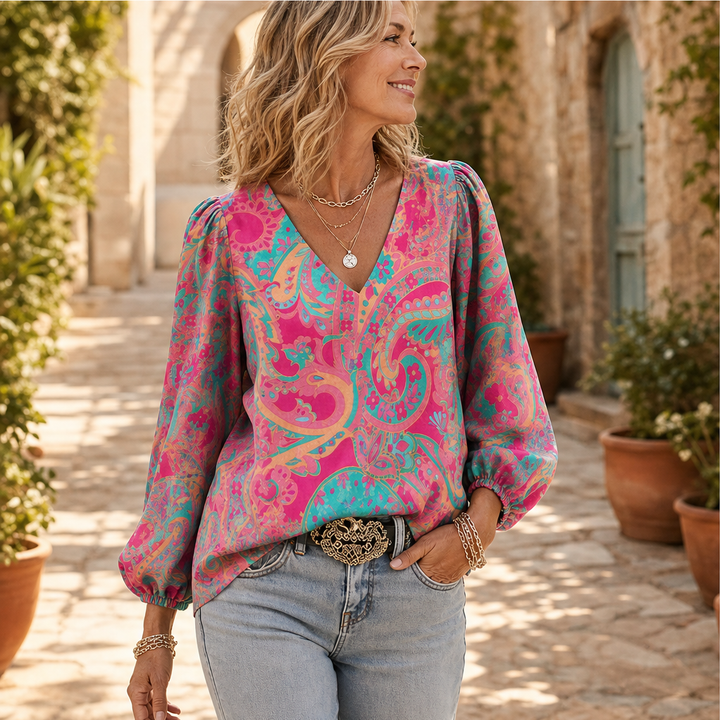 Paisleigh – V-Neck Puff Sleeve Printed Loose Top + 50% OFF features