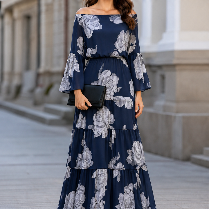 Rosemere – Off-Shoulder Floral Ruffle Hem Maxi Dress + 50% OFF Navy