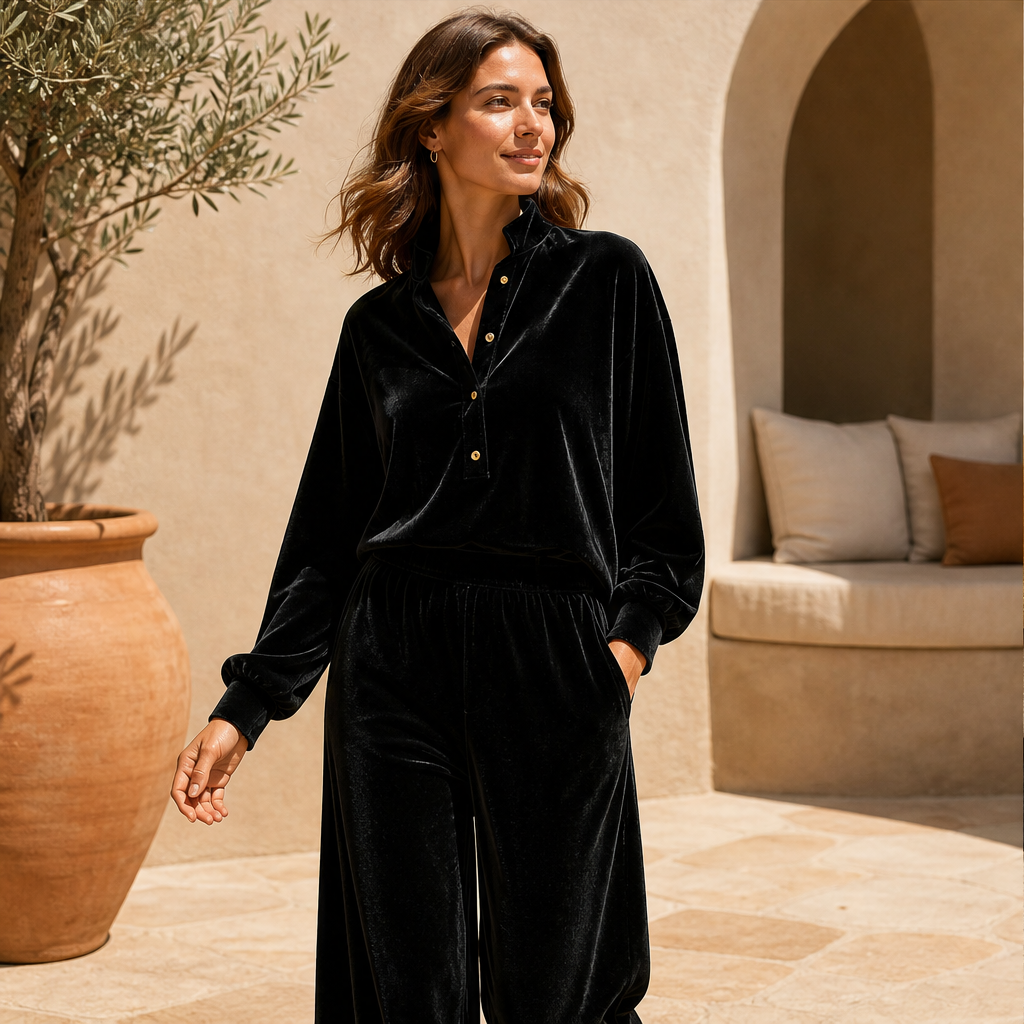 Velourin – Wide-Leg Velour Two-Piece Loungewear Set + 50% OFF features