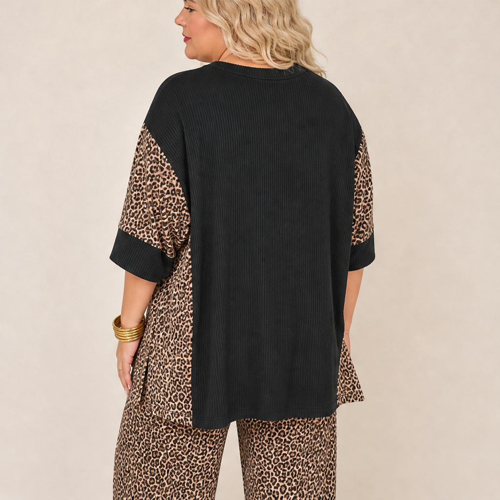 Fauxpelle – Oversized Tunic &amp; Wide-Leg Pants Leopard Two-Piece Set + 50% OFF features