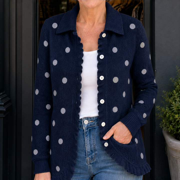 Marlowick – Ruffle Trim Polka Dot Knit Cardigan + 50% OFF Navy