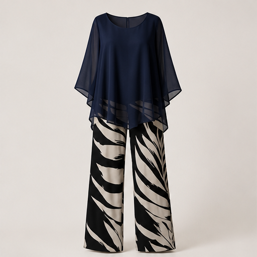 Vaelora – Flowy Chiffon Top &amp; Wide-Leg Printed Pants Matching Set + 50% OFF Navy
