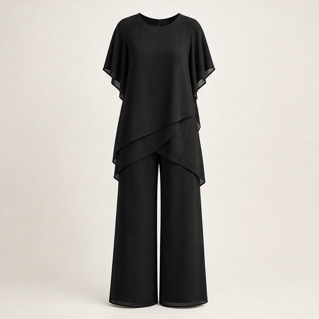 Verlaine – Flowy Asymmetrical Hem Wide-Leg Two-Piece Set + 50% OFF Black