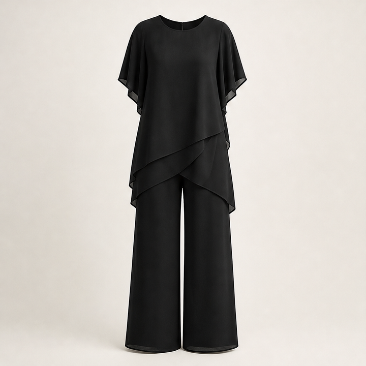 Verlaine – Flowy Asymmetrical Hem Wide-Leg Two-Piece Set + 50% OFF Black