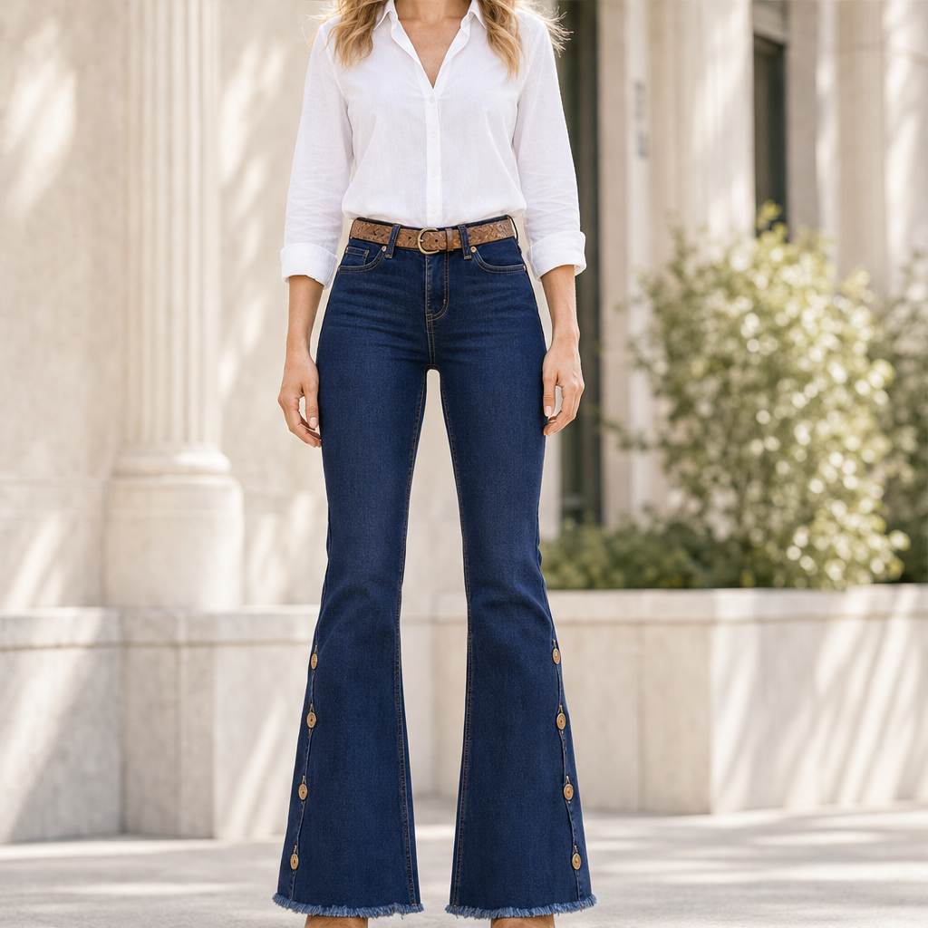 Fernbelle – Scalloped Button Flare Jeans with Raw Hem + 50% OFF Dark Wash Denim