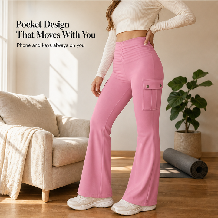 Flarelyn – High-Waist Flare Cargo Pocket Yoga Pants + 50% OFF features