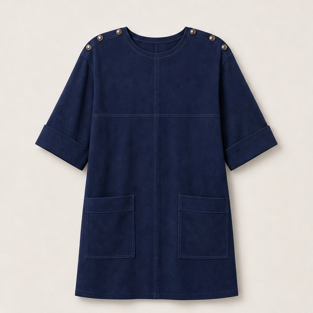 Suedona – Buttoned Shoulder Faux Suede Mini Dress with Pockets + 50% OFF Navy