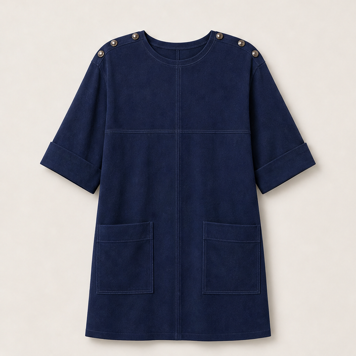 Suedona – Buttoned Shoulder Faux Suede Mini Dress with Pockets + 50% OFF Navy