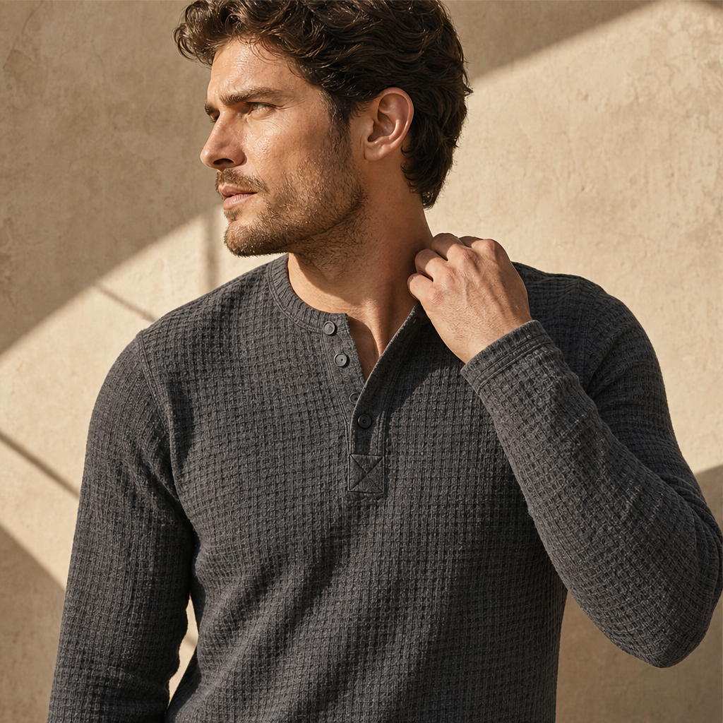Ashcroft Mill – Waffle Knit Long Sleeve Henley Shirt + 50% OFF features