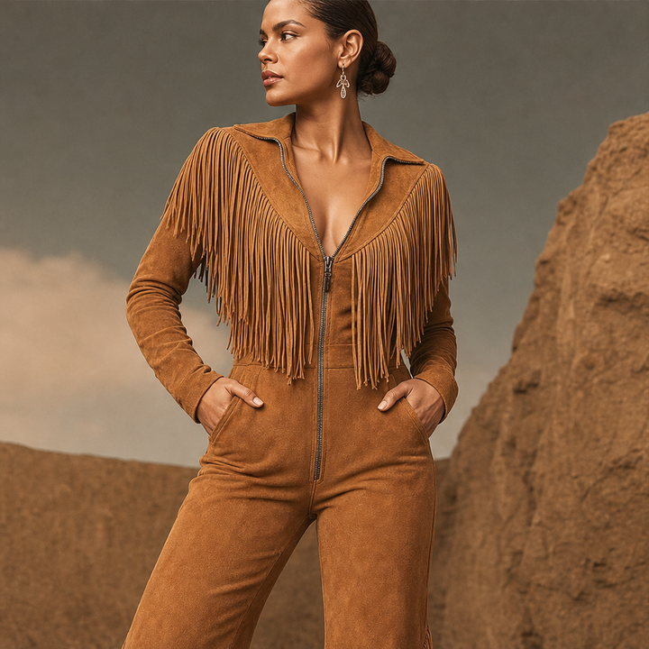 Sagebrush – Western Fringe Faux Suede Zip-Up Jumpsuit + 50% OFF features