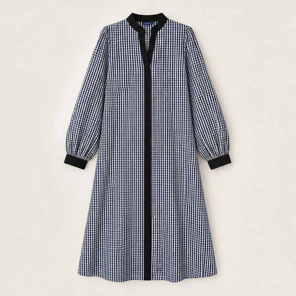 Marlowick – Contrast Trim Gingham A-Line Shirt Dress + 50% OFF Navy