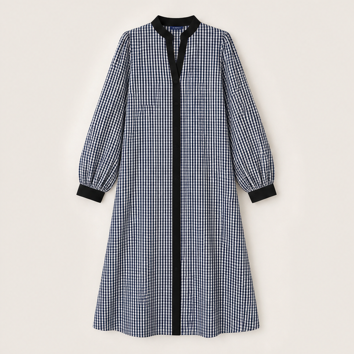 Marlowick – Contrast Trim Gingham A-Line Shirt Dress + 50% OFF Navy
