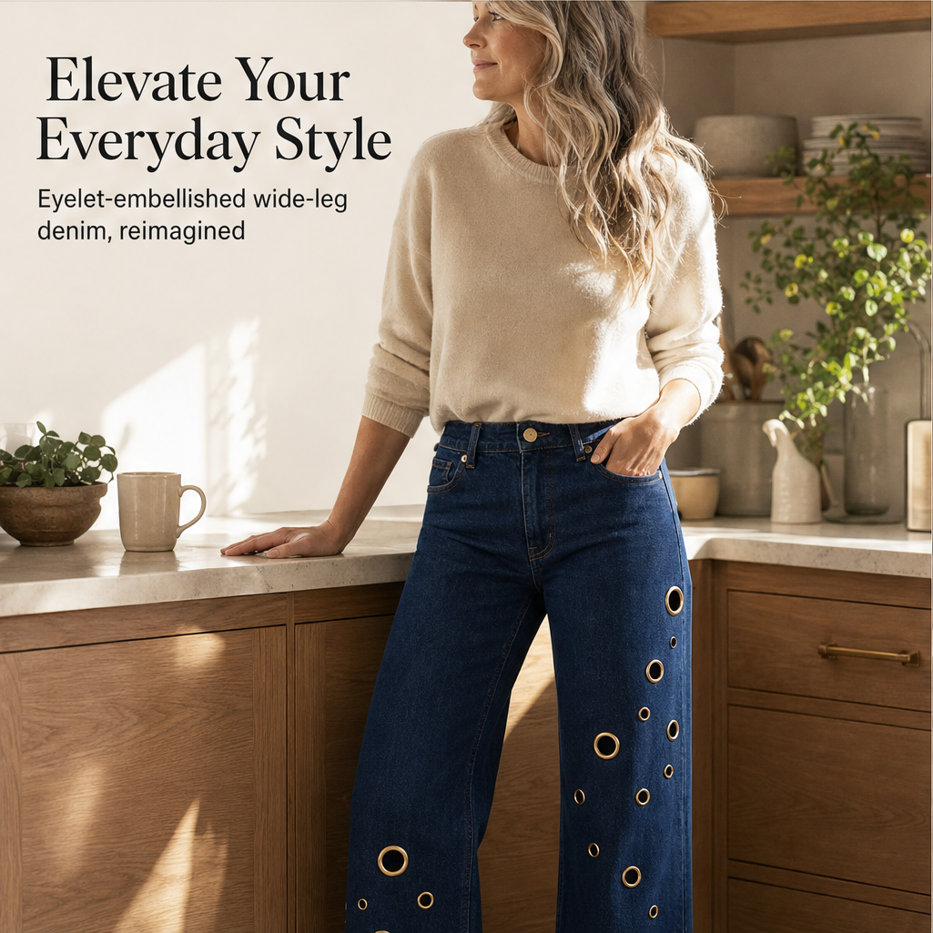 Marlowick – Vintage Wide-Leg Jeans with Gold Eyelet Detail + 50% OFF features