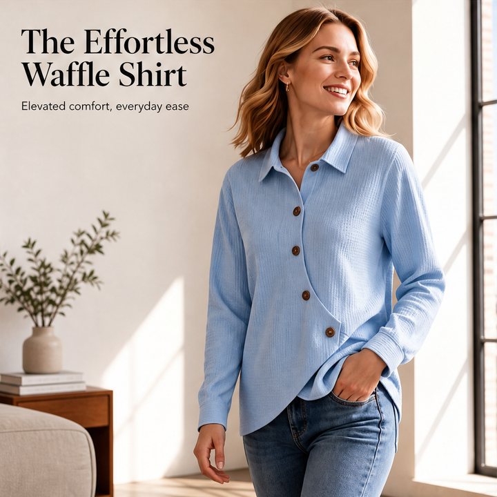 Willowick – Crossover Hem Waffle Knit Button Top + 50% OFF features