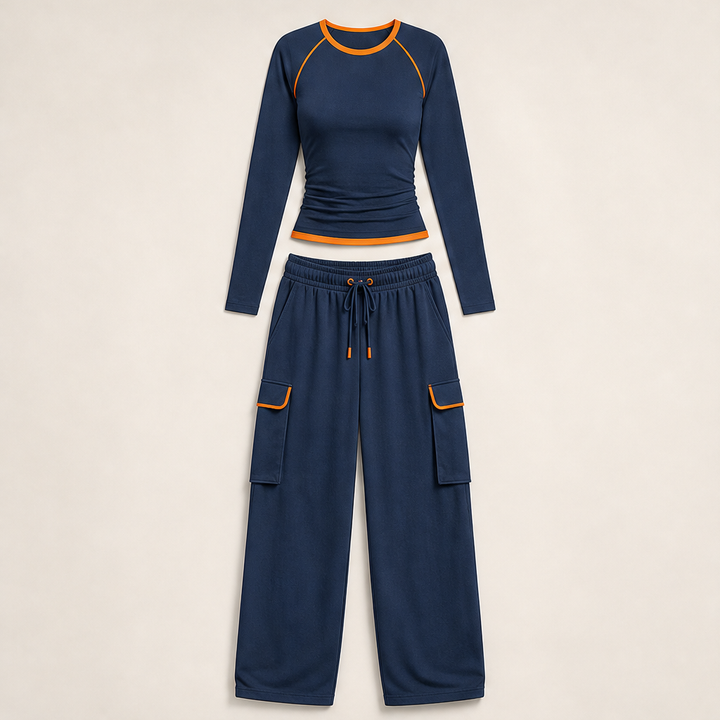 Ashcroft Athletics – Retro Color-Blocked Cotton Top and Pants Set + 50% OFF Navy