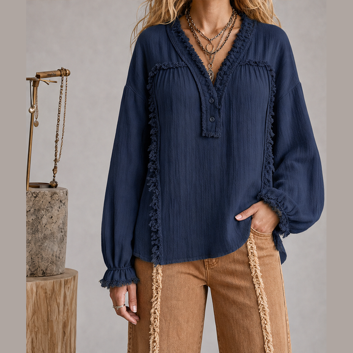 Frayvel – Raw-Frayed Trim Boho Long-Sleeve Shirt + 50% OFF Navy